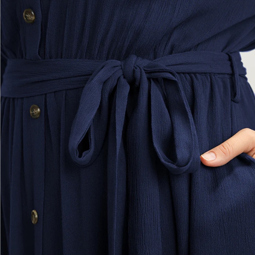 Solid Button Pocket Shirt Collar Belted Maxi Dress - Picture 3 of 4